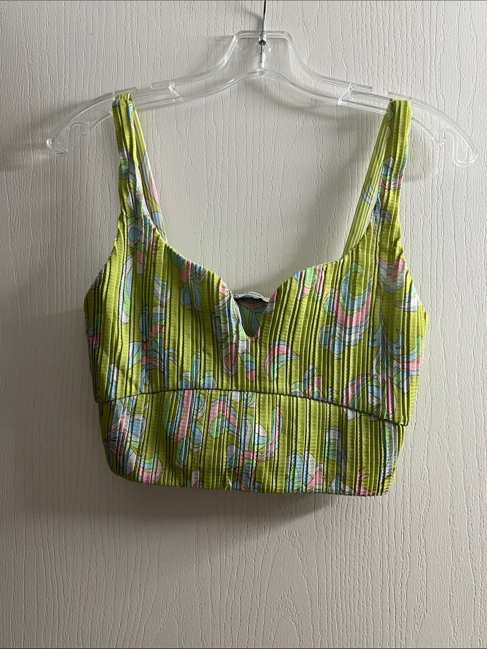 Zara Lime Green Floral Ribbed Bustier Crop Top